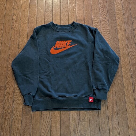 Y2K Grey Tag Orange Nike Logo Spell out Crewneck - Size M - Picture 1 of 3